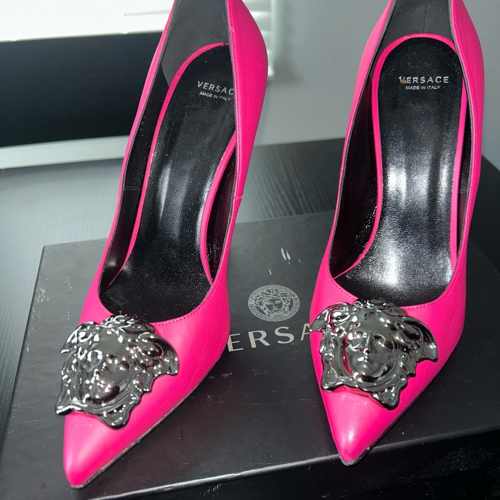 Versace Fuchsia Heels with Silver Medusa Accent